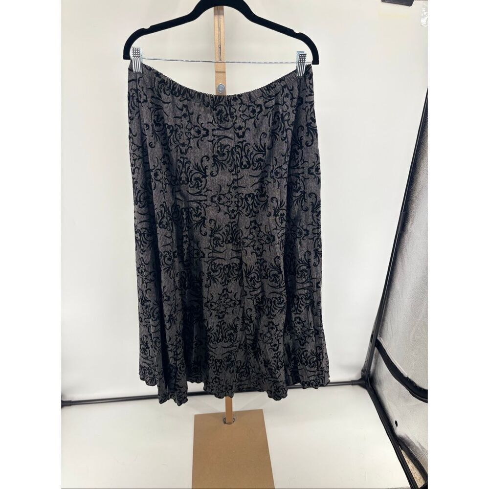 J Jill Velvet Velvet Flocked Damask Midi Gray Skirt Size 14 Pleated Victorian